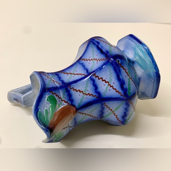 19th Century Antique Gaudy Ironstone Flow Blue Squiggle Grid Pattern Jug Pitcher - Picture 9 of 16